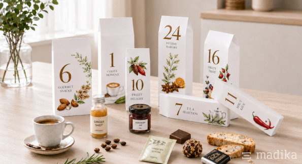 Adventskalender Häuschen mit 24 Beutelschachteln für Feinkost