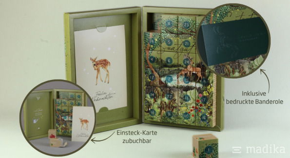 Klapp Adventskalender mit 24 Schachteln individuell bedruckt Klapp Adventskalender mit 24 Schachteln individuell bedruckt