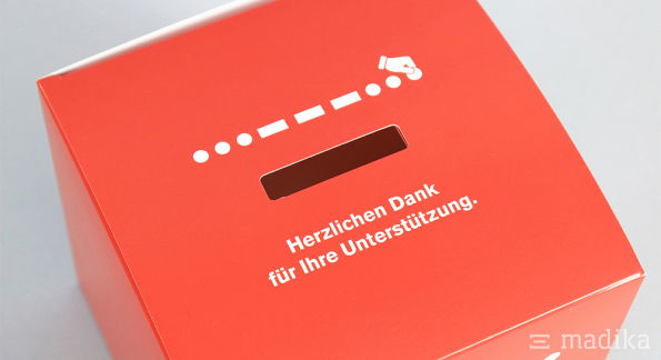 Spendenbox rot bedruckt mit Schlitz Spendenbox rot bedruckt mit Schlitz