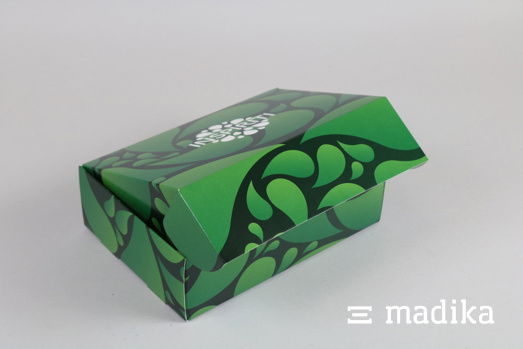 Aufgestellte Klappschachtel in erfrischendem grünen Design. Aufgestellte Klappschachtel in erfrischendem Grün