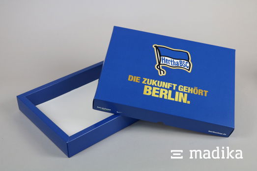 Hohlwand-Stülpschachteln eignen sich als Geschenkverpackung oder Box für Infomaterialien. Stülpschachtel bedruckt für Fußballclub