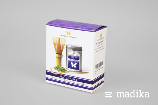 Ein Matcha-Tee-Set wurde hier in einer Faltschachtel verpackt Teeverpackung aus Chromokarton mit Farbe bedruckt