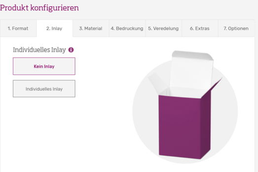 Wählen Sie in diesem Schritt Ihr individuelles Inlay! Inlay Auswahl für Schachtel