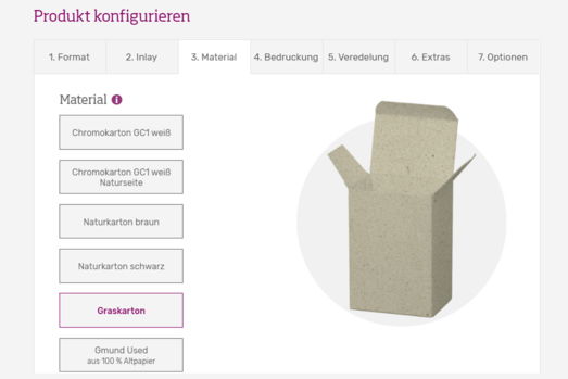 Hier wählen Sie das Material für Ihre Schachtel aus. Materialauswahl für Faltschachteln