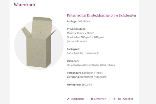 Ansicht des Warenkorbs Warenkorb-Ansicht