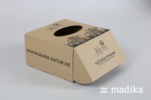 Eine Klappschachtel aus Naturkarton mit schwarzer Bedruckung und mit Sichtfenster Eine Klappschachtel aus Naturkarton mit schwarzer Bedruckung und mit Sichtfenster