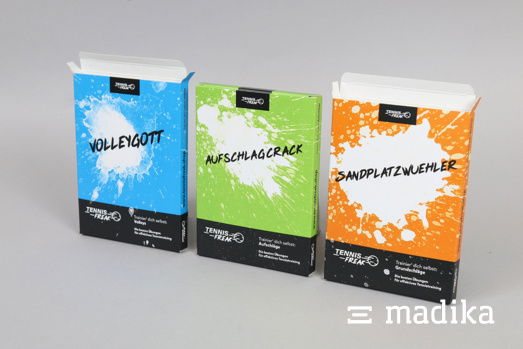 Faltschachteln im Vierfarbdruck bedruckt. Drei Faltschachteln in verschiedenen Bedruckungen