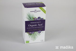 Die Faltschachtel wirkt dank Grün- und Lilatönen sehr natürlich. Faltschachtel Acai Beeren