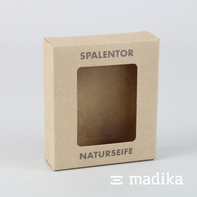 Brauner Naturkarton und schlichte schwarze Bedruckung - natürliche Seifen sind in einer minimalistischen Verpackung gut aufgehoben. Seifenverpackung mit Sichtfenster