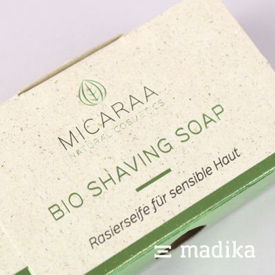 Veredelte Graskartonverpackung für eine Shaving Soap. Verpackung für Seife aus Graskarton