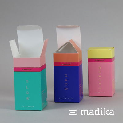 Bunt bedruckte Faltschachteln von madika.de im 60er-Jahre-Stil. madika-Faltschachteln bunt