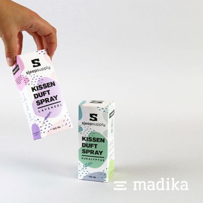 Faltschachteln für Kissen-Duftspray in zwei Sorten Zwei Faltschachteln für Kissen-Duftspray