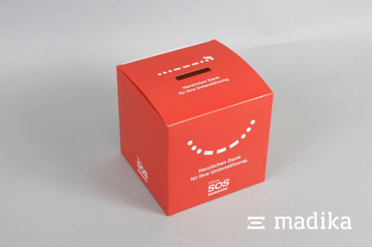 Spendenbox ohne Topschild mit roter Bedruckung, die ins Auge fällt Spendenbox rot bedruckt ohne Topschild