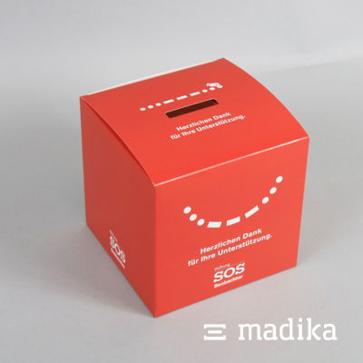 Spendenbox ohne Topschild Eine Spendenbox mit roter Bedruckung