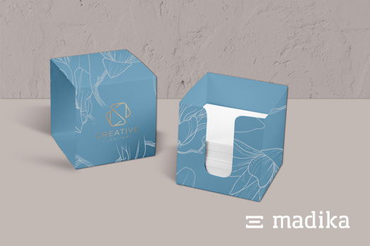 Zettelbox mit Banderole bedruckt Zettelbox mit Banderole bedruckt